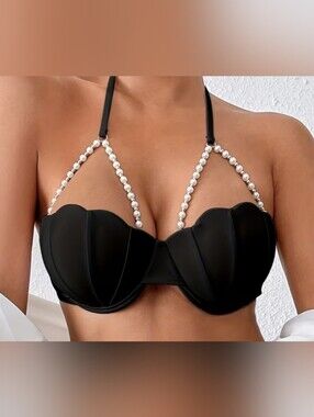 Black Pearl-strap Shell Bikini Top - Women Swim XXL